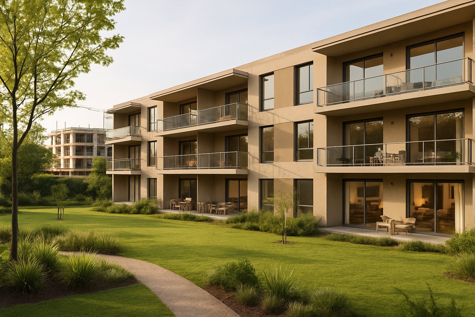 Vista ilustrativa de un condominio con jardines e interiores visibles, vinculada a una muestra de diseño en Pilar.